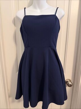 B.Smart Navy Blue Spaghetti Strap Fit & Flare Dress